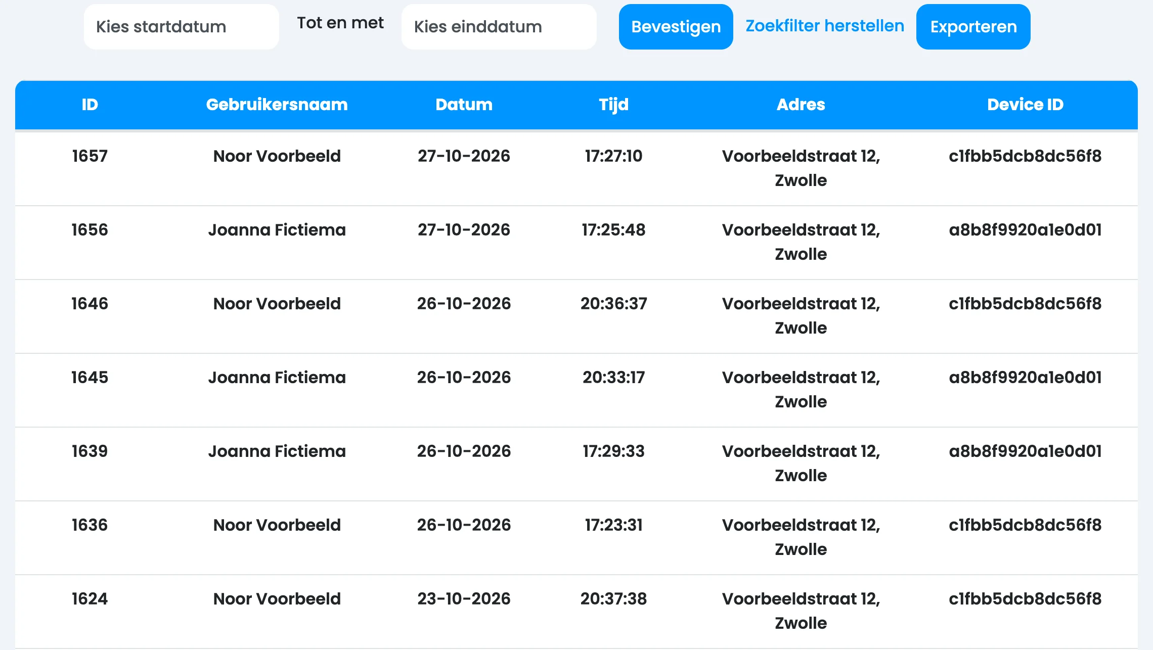 Beheerportaal van Virgam, demo-omgeving: de klokmomenten van het object Het Voorbeeld - lokalen. Per regel de medewerker, datum, tijd, adres en toestel-ID. Bovenaan van vandaag 17:25 en 17:27, daaronder de avond ervoor tot 20:36.